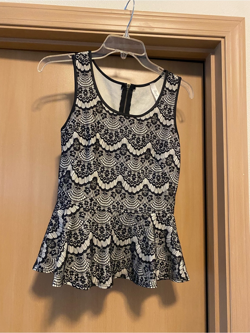 Lovely Day Black and Cream Lace-Pattern Peplum Tank
